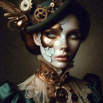 The primary subject of the image is a woman wearing a green hat and a lace dress. She has a unique and artistic appearance, with a mix of gold and black elements. The setting is a dark room, and the visual style is a combination of digital art and illustration. The colors and mood of the image are dark and mysterious, with a touch of elegance and creativity.